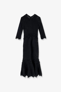 Dolce &amp; Gabbana women’s black crochet fabric knitted dress with high collar three-quarter sleeves and ruffled hem