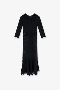 Dolce &amp; Gabbana women’s black crochet fabric long dress with three-quarter sleeves and a flared hem