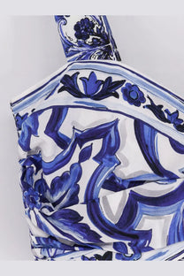 Dolce &amp; Gabbana women’s cropped cotton top in white and blue with ceramic-inspired floral and scrollwork print
