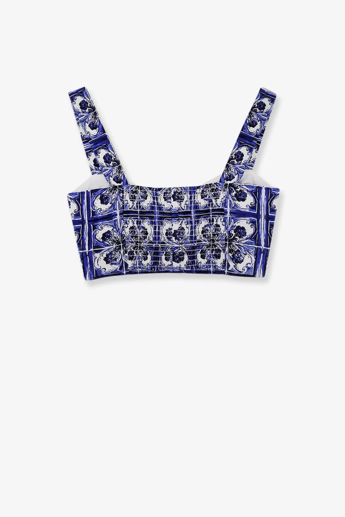 Dolce &amp; Gabbana women’s blue and white ceramic tile patterned cropped cotton top with thin straps