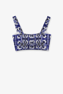 Dolce &amp; Gabbana women’s blue and white ceramic tile patterned cropped cotton top with thin straps
