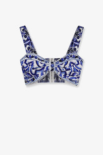 Dolce &amp; Gabbana women’s blue and white patterned cropped cotton top with central zipper closure