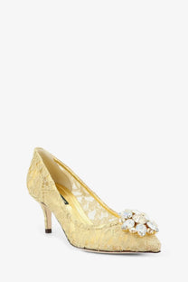Dolce &amp; Gabbana women’s decolletè Bellucci gold lace pump with crystal embellishment at the toe