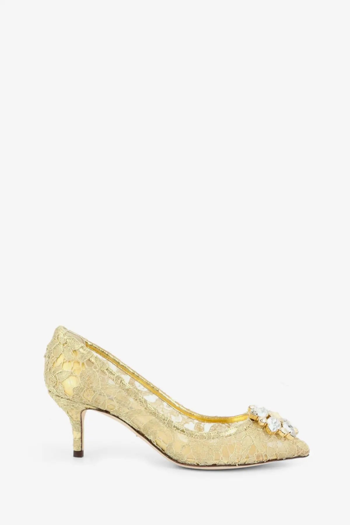 Dolce &amp; Gabbana women’s gold lace pump with crystal toe embellishment in decolletè Bellucci pizzo lurex design