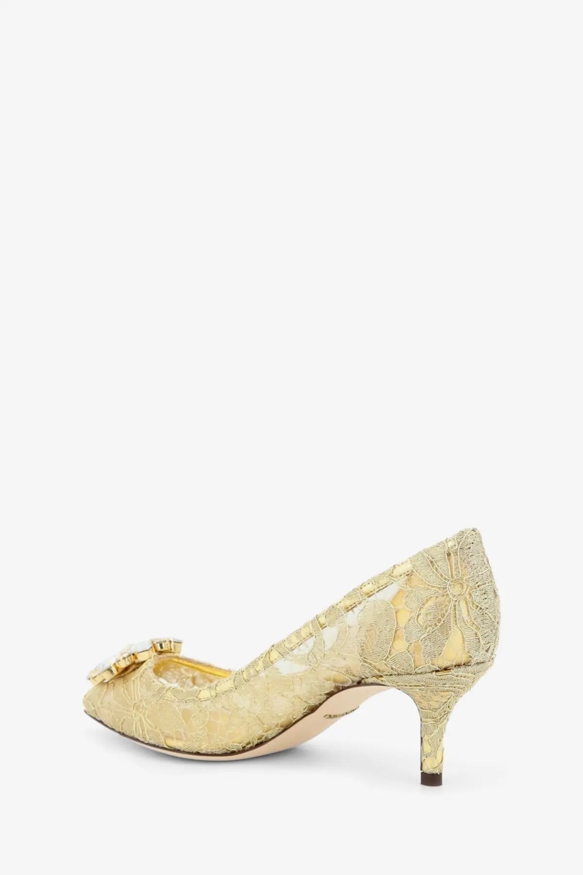Dolce &amp; Gabbana women’s decolletè Bellucci gold lace pump with floral pattern and decorative bow at the toe