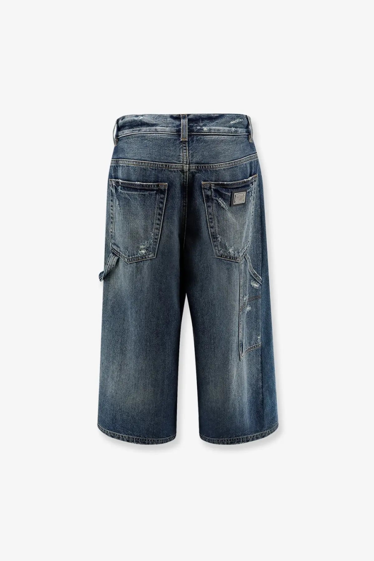 Dolce &amp; Gabbana women’s blue dark-wash denim bermuda shorts with a relaxed wide-leg cut and distressed details