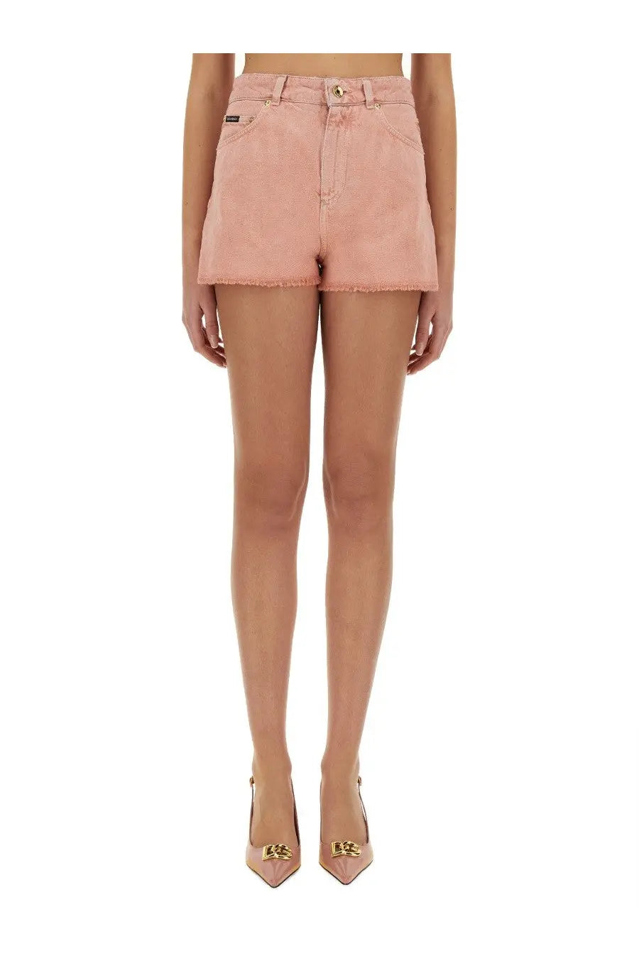 Dolce &amp; Gabbana women’s pink high-waisted denim shorts with frayed hem and gold-tone button closure