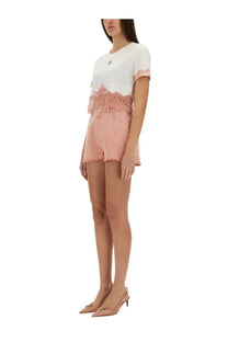 Dolce &amp; Gabbana women’s blue denim shorts with pink lace trim frayed hem and gold-tone button details