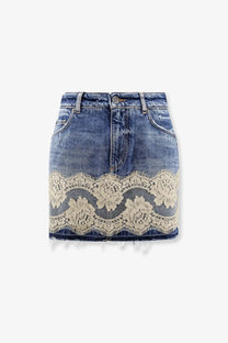 Dolce &amp; Gabbana women’s blue denim mini skirt with cream floral lace trim and frayed hem edges