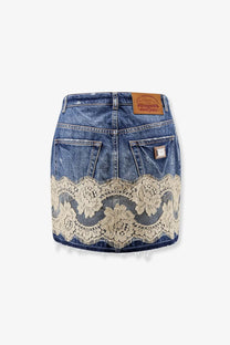 Dolce &amp; Gabbana women’s blue denim mini skirt with decorative cream lace trim along the hem