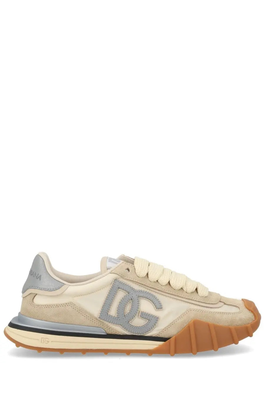 Dolce and Gabbana women’s dg athletic sneaker beige suede and canvas with gray dg logo tan sole and silver heel tab