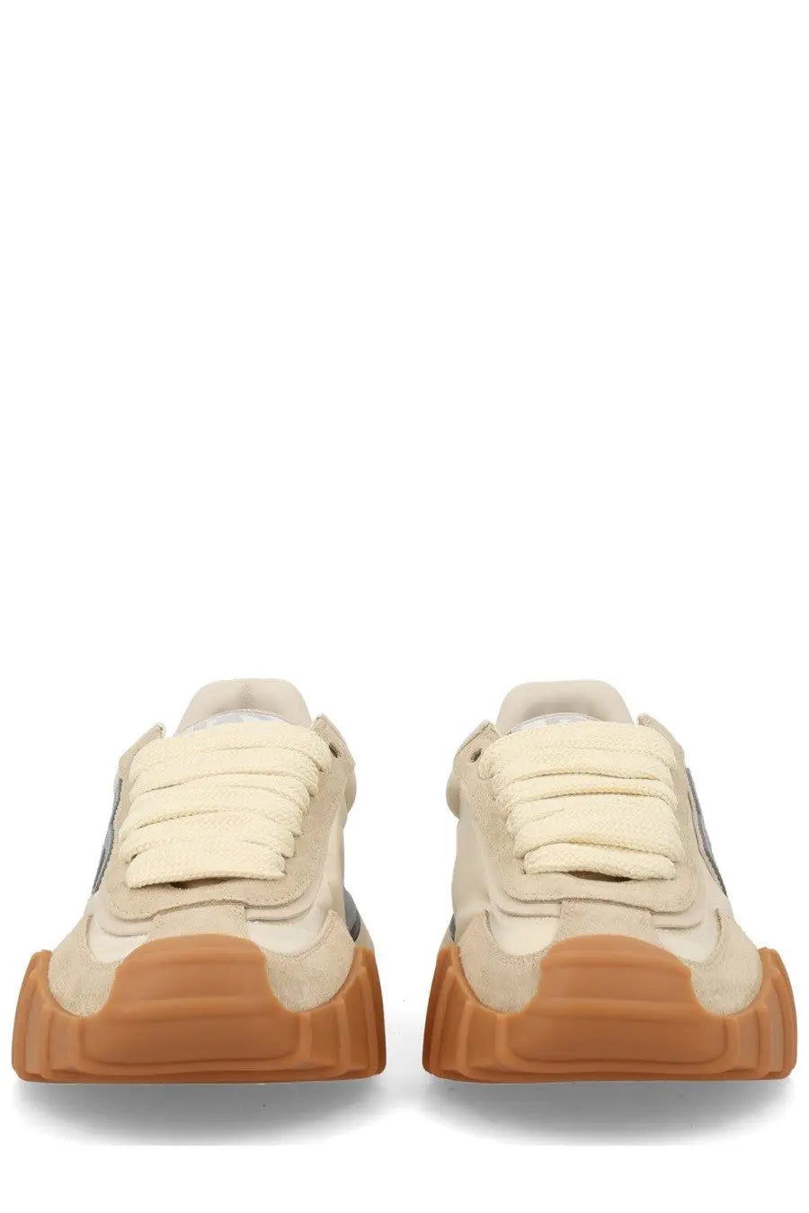 Dolce &amp; Gabbana women’s dg athletic sneaker beige cream-colored suede with chunky tan sole and gray side accents