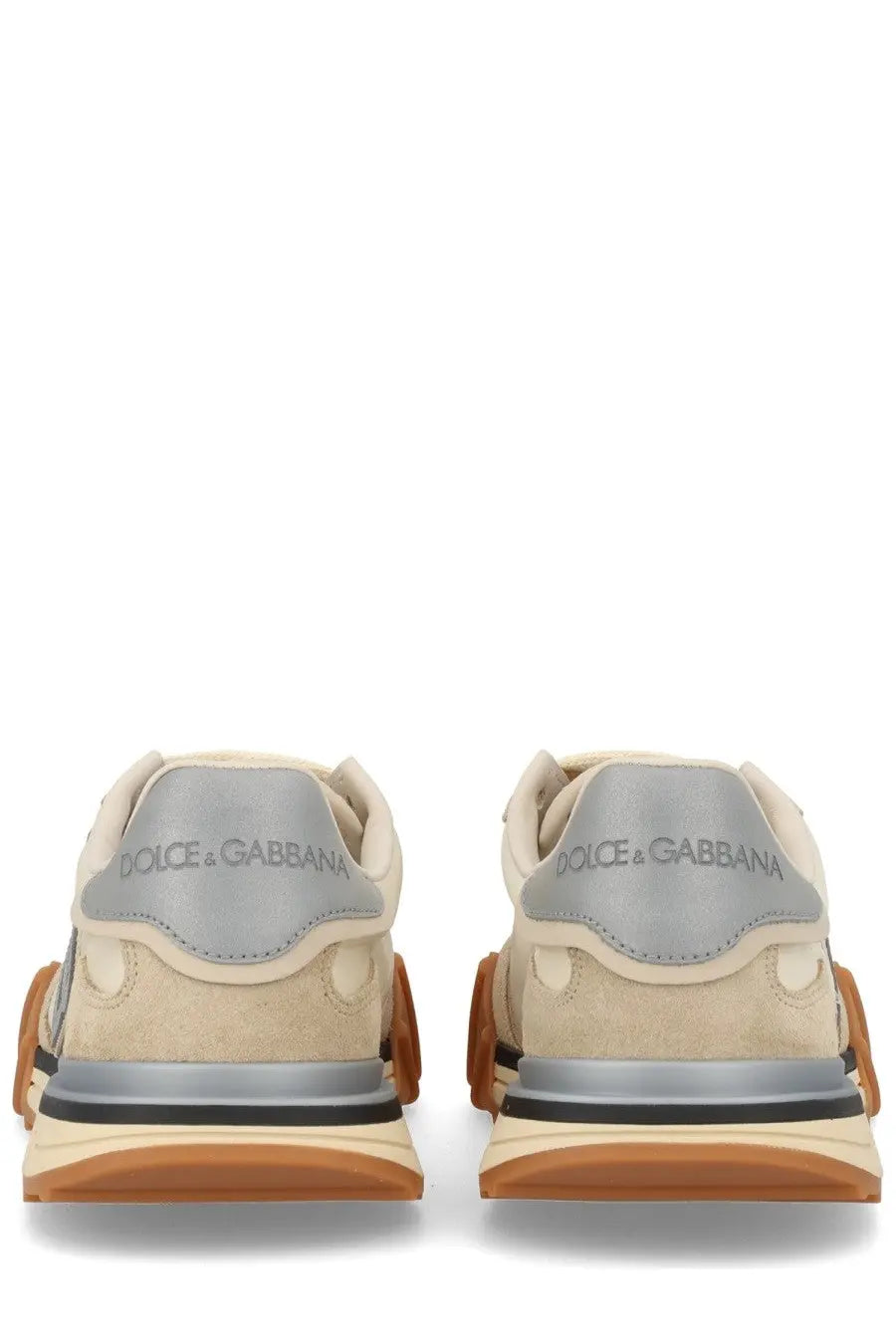 Dolce &amp; Gabbana women’s dg athletic sneaker beige with beige and gray suede upper rubber sole and metallic heel tab