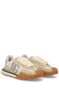 Dolce &amp; Gabbana women’s beige and tan suede sneakers with bold gray logo and chunky rubber sole