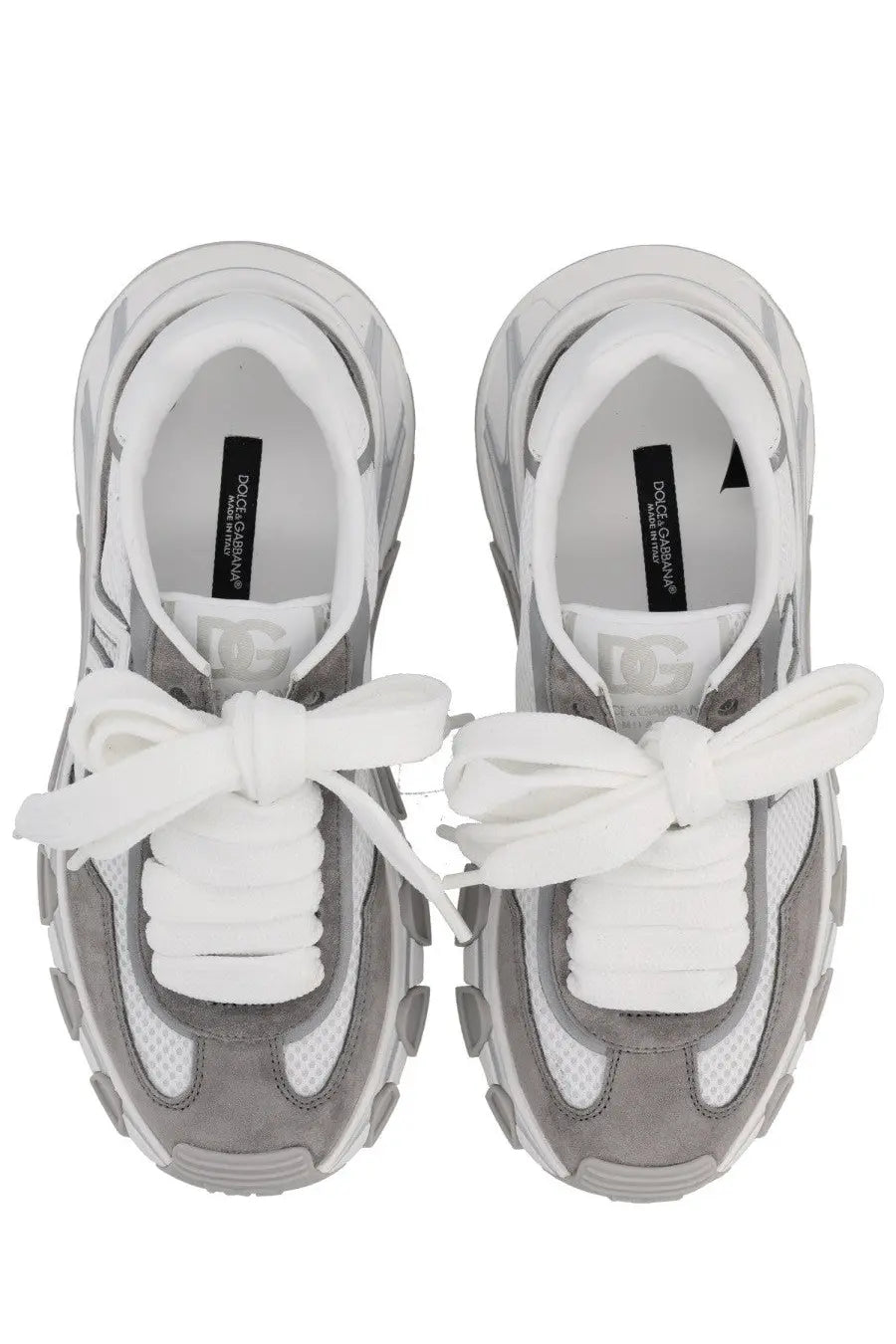 Dolce &amp; Gabbana women’s dg country road sneaker grey with gray and white suede upper mesh panels and thick rubber soles
