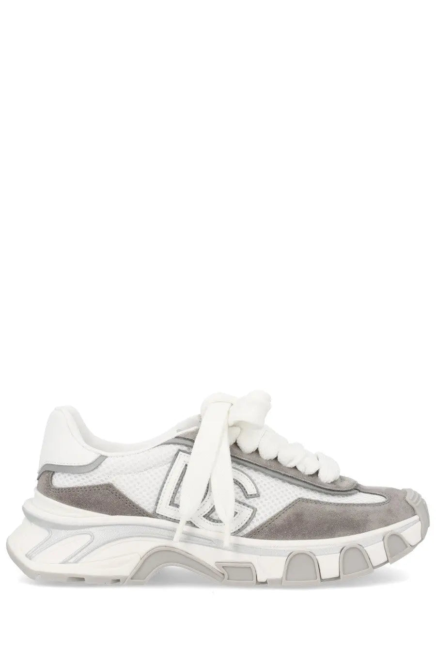 Dolce &amp; Gabbana women’s dg country road sneaker grey with white and gray suede mesh and chunky sole featuring silver dg logo