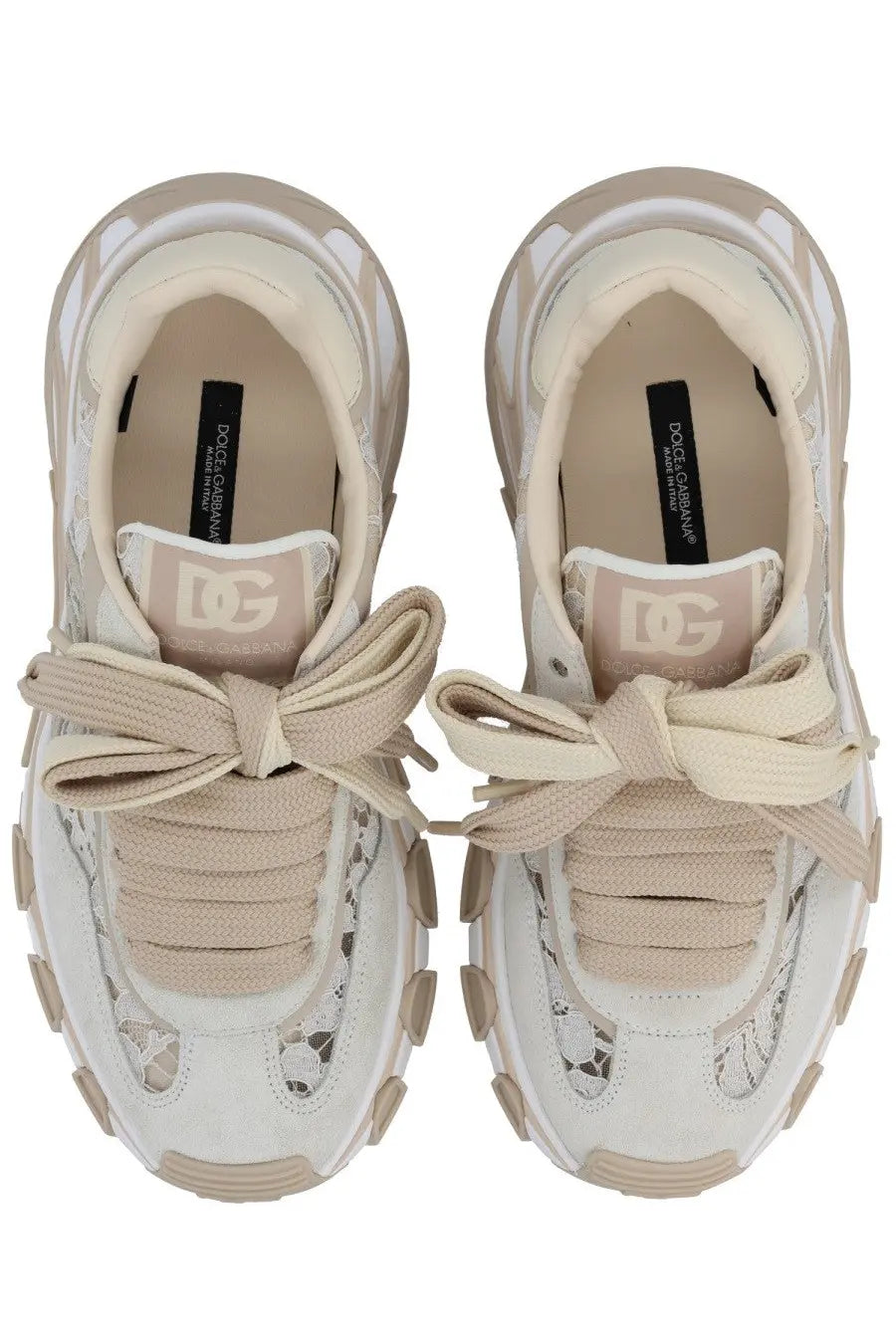 Dolce &amp; Gabbana women’s dg country sneaker white chunky sneaker with beige white mesh sides thick rubber sole