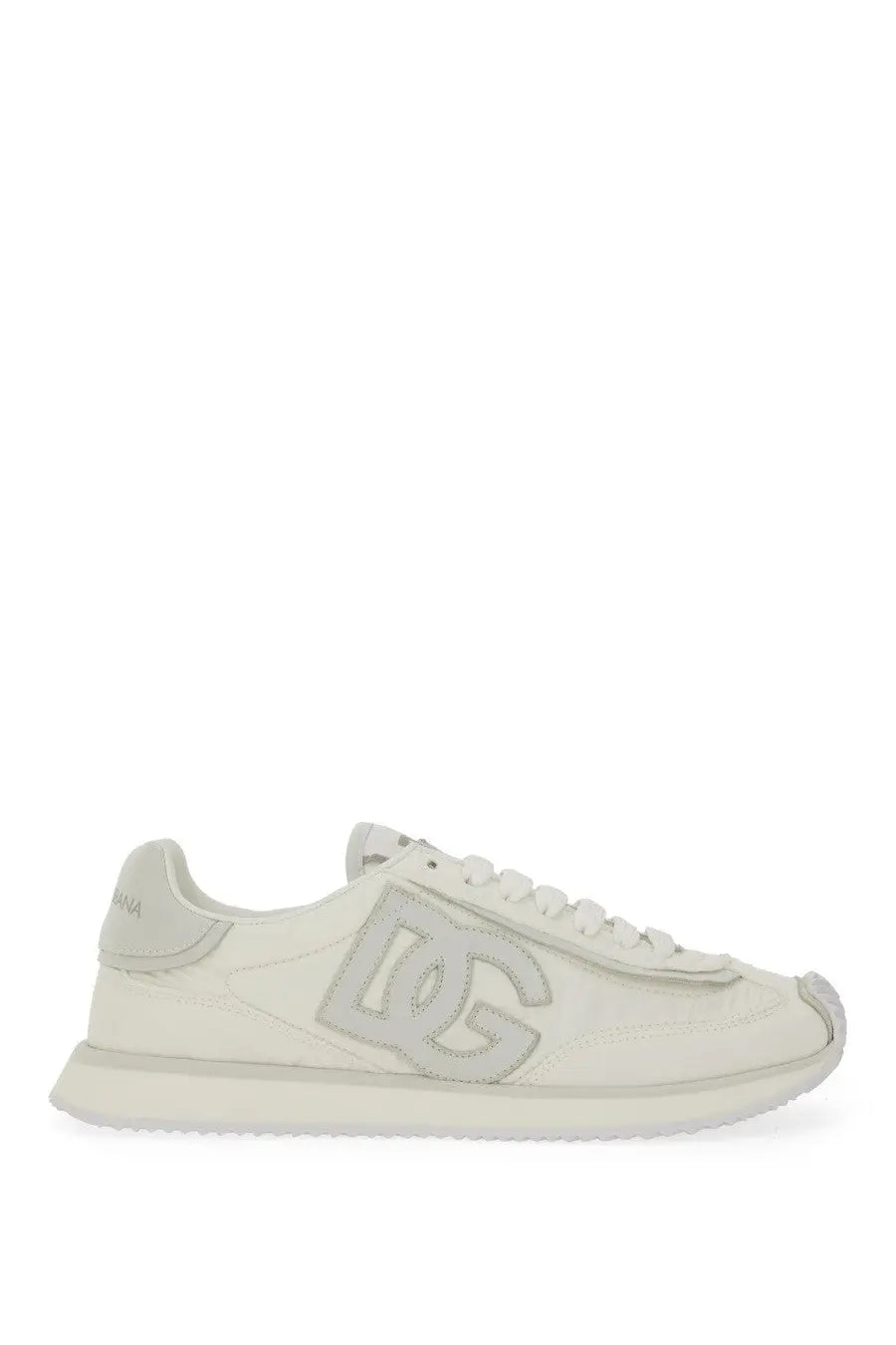Cream-colored leather Dolce &amp; Gabbana women’s DG cushion sneaker with a prominent gray DC logo on the side