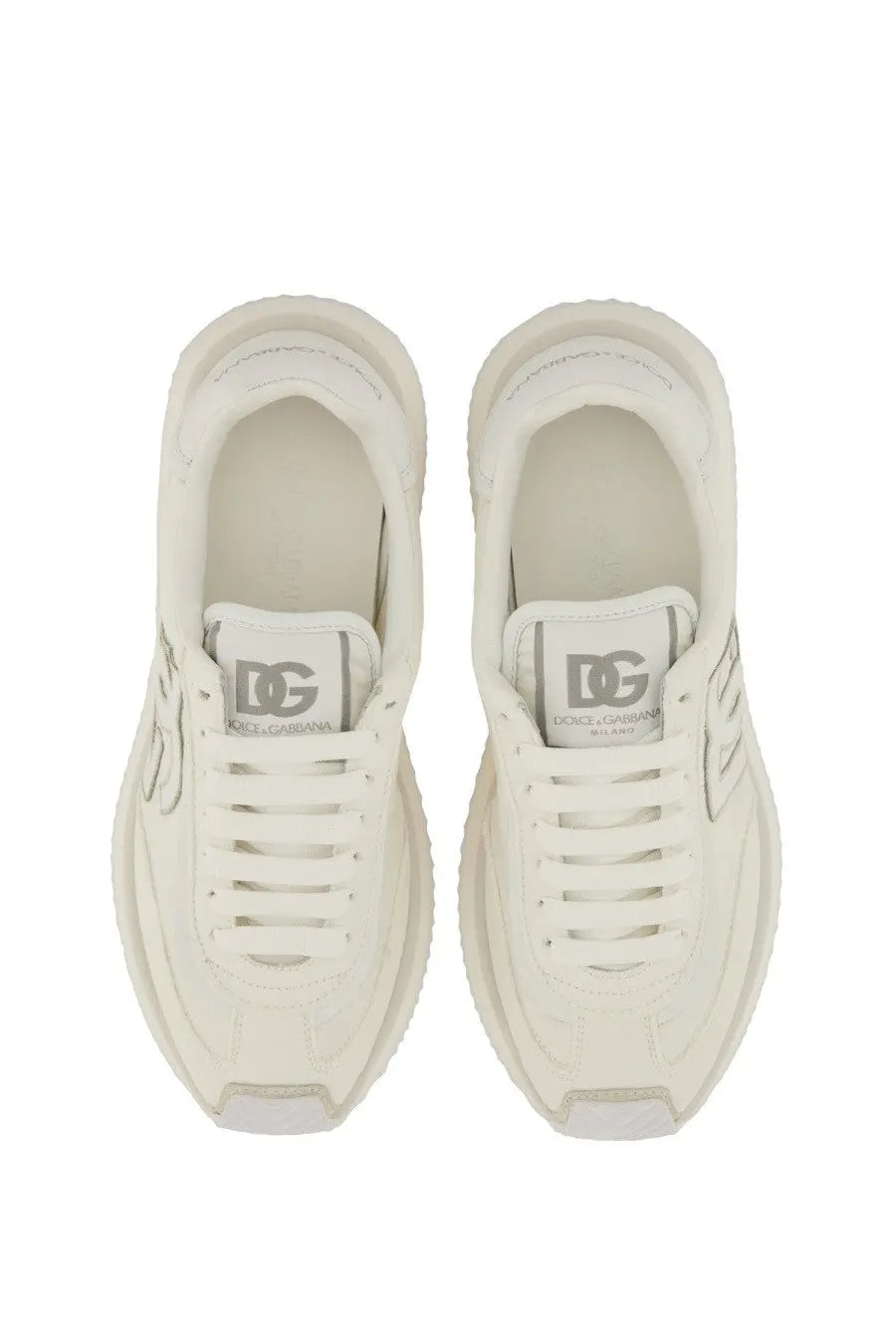 Cream-colored Dolce &amp; Gabbana women’s DG Cushion sneaker with chunky sole and subtle gray branding details