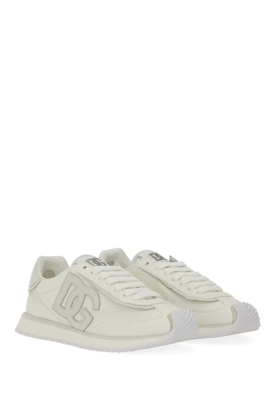 Dolce &amp; gabbana women’s white leather dg cushion sneakers with a prominent silver logo on the side
