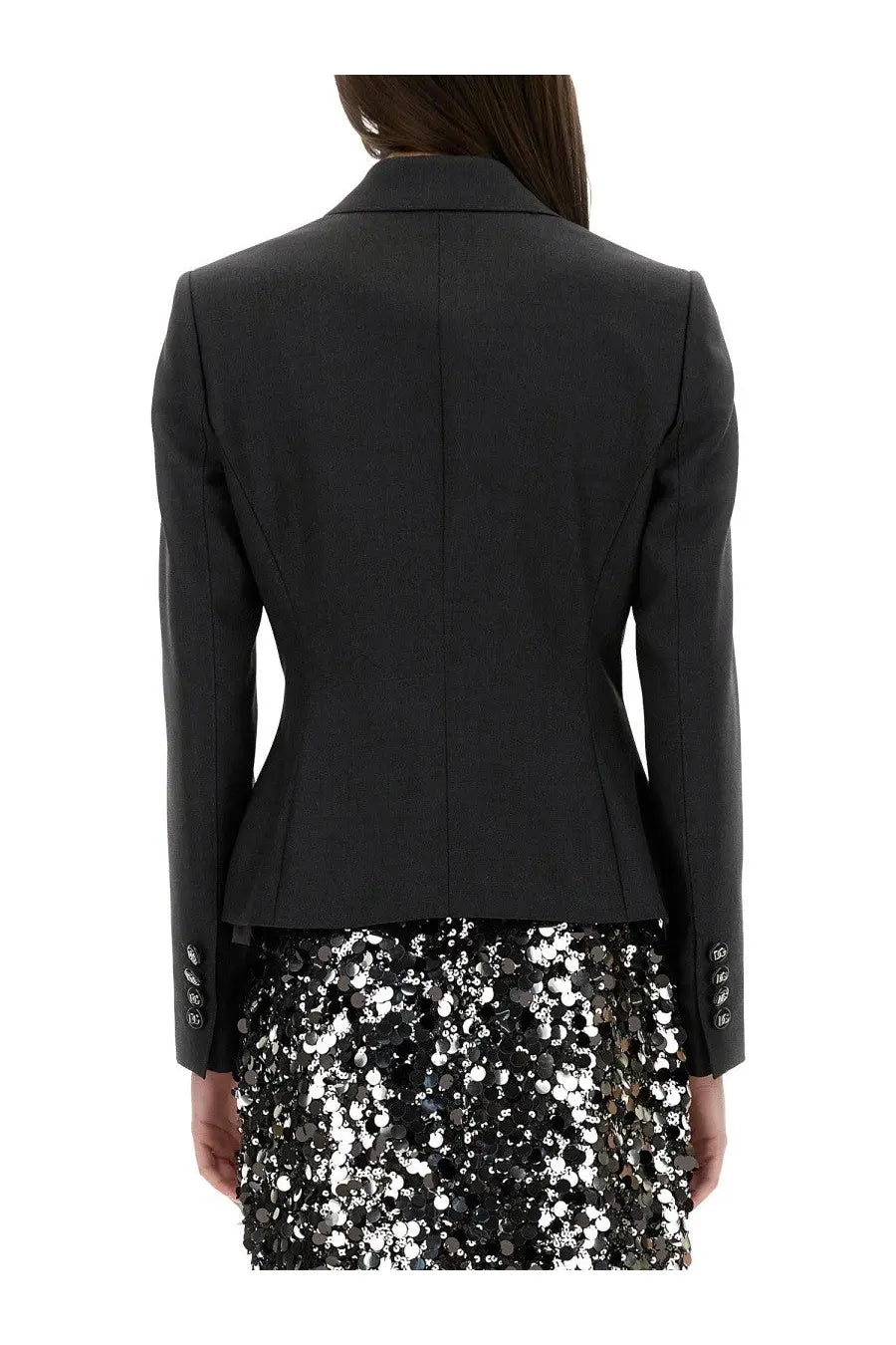 Black tailored blazer with structured shoulders and three-button cuffs for women by Dolce &amp; Gabbana in grey