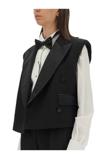 Dolce &amp; Gabbana women’s black double-breasted sleeveless tuxedo vest with satin lapels and matching buttons
