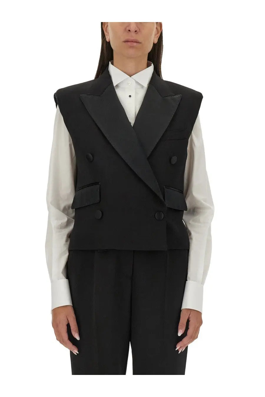 Dolce &amp; Gabbana women’s black double breasted sleeveless vest with notched lapels and flap pockets