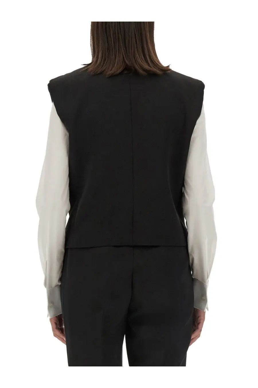 Dolce &amp; gabbana women’s black sleeveless double breasted vest with structured back and clean lines shown from the back