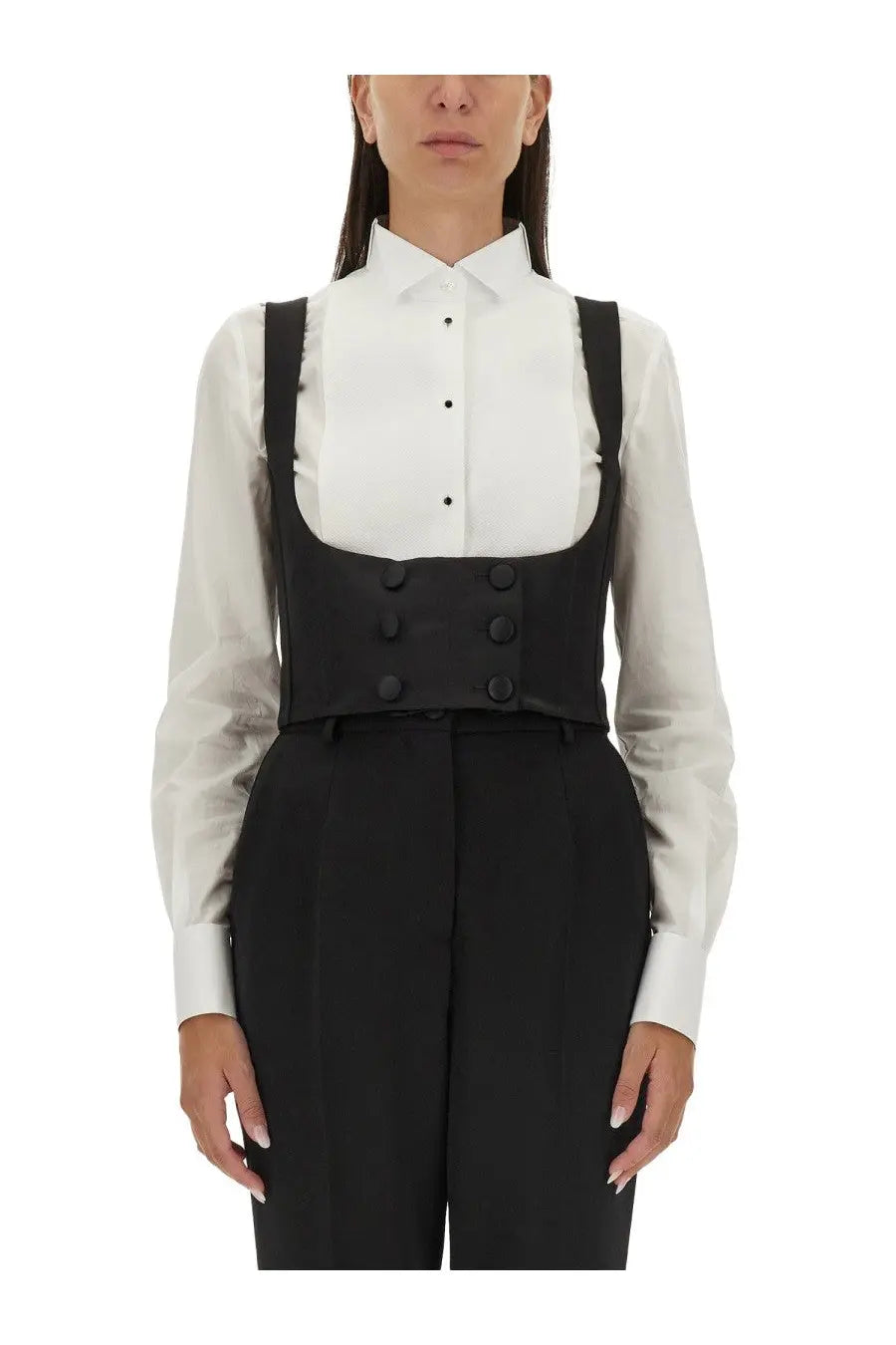 Dolce &amp; Gabbana women’s black double breasted tuxedo vest with corset-style suspenders and double rows of buttons