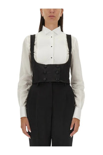 Dolce &amp; Gabbana women’s black double breasted tuxedo vest with corset-style suspenders and double rows of buttons