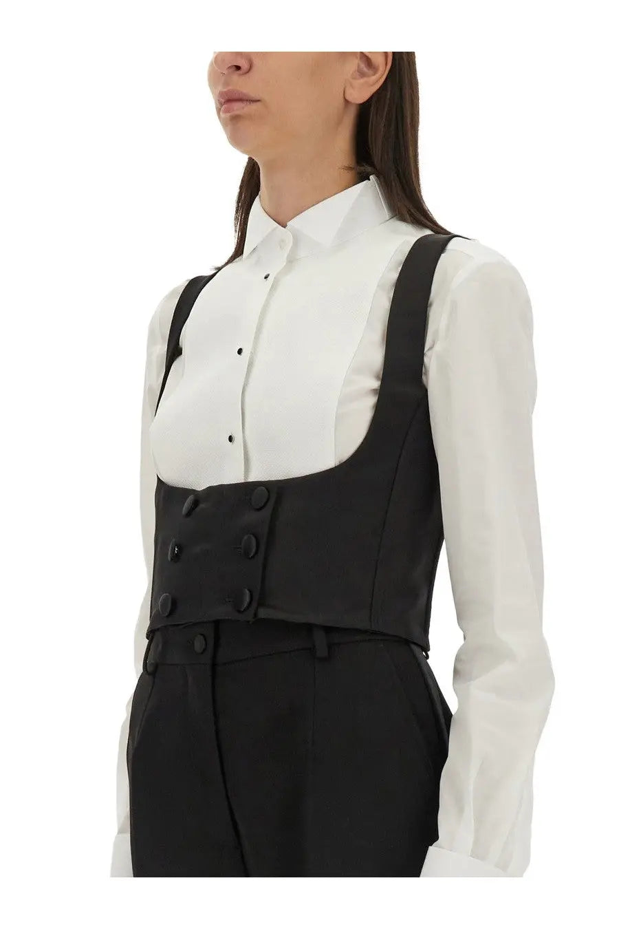 Dolce &amp; Gabbana women’s black double breasted tuxedo vest with structured corset suspenders over white blouse