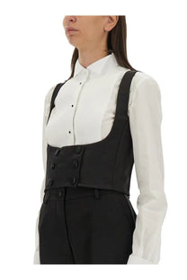 Dolce &amp; Gabbana women’s black double breasted tuxedo vest with structured corset suspenders over white blouse
