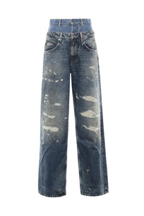 Dolce &amp; Gabbana women’s distressed blue double layer denim jeans with high waist and wide-leg cut