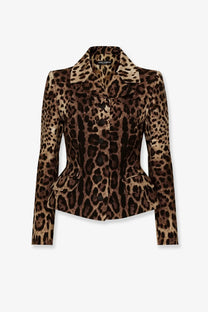 Dolce and gabbana women’s fitted wool crêpe blazer with bold brown and black leopard print and peplum waist detailing
