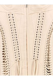Cream-colored leather corset with intricate lacing and central zipper in Dolce &amp; Gabbana women’s duchess dress beige