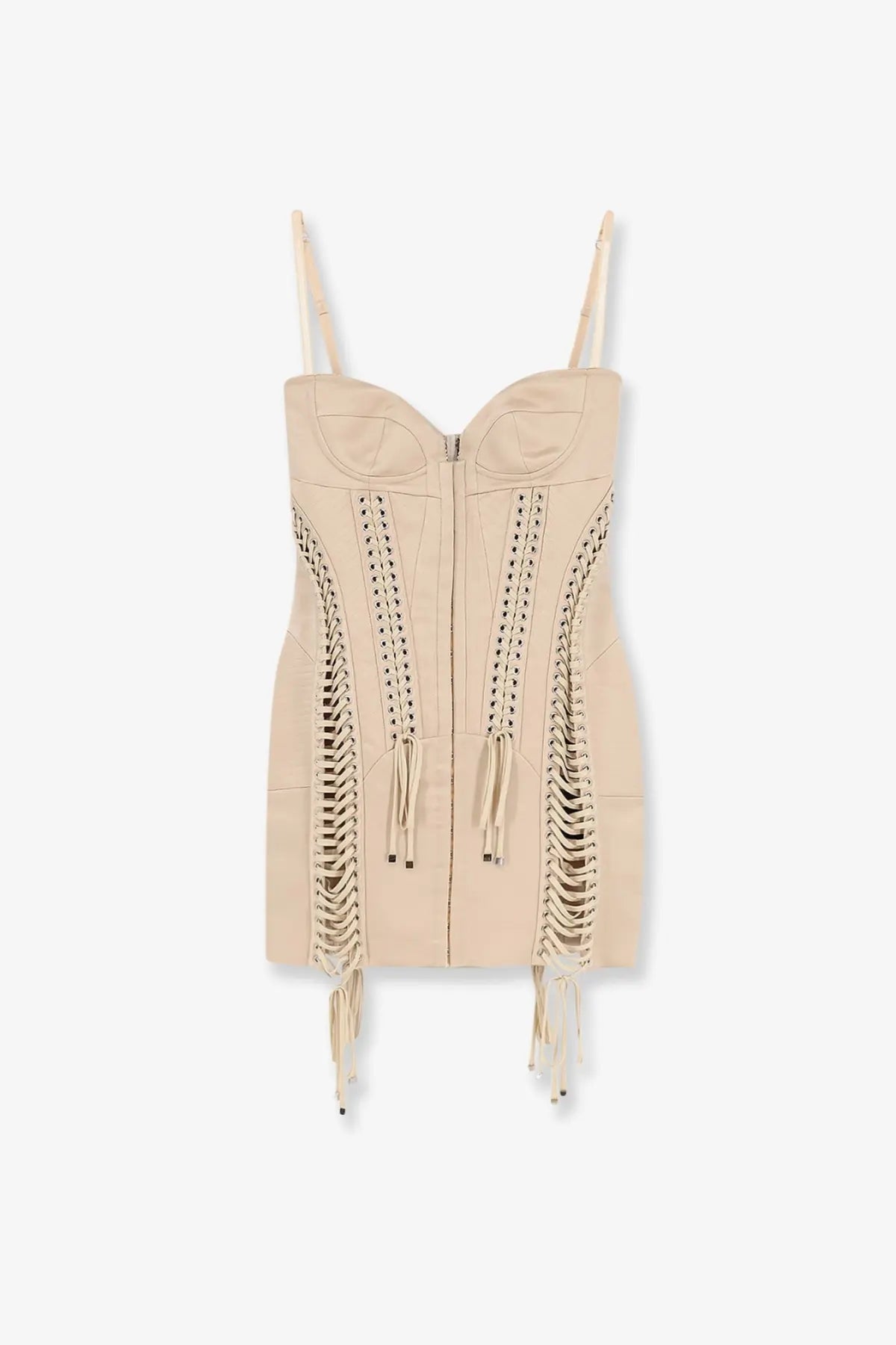 Dolce &amp; Gabbana women’s beige leather corset dress with lace-up detailing and fringe trim