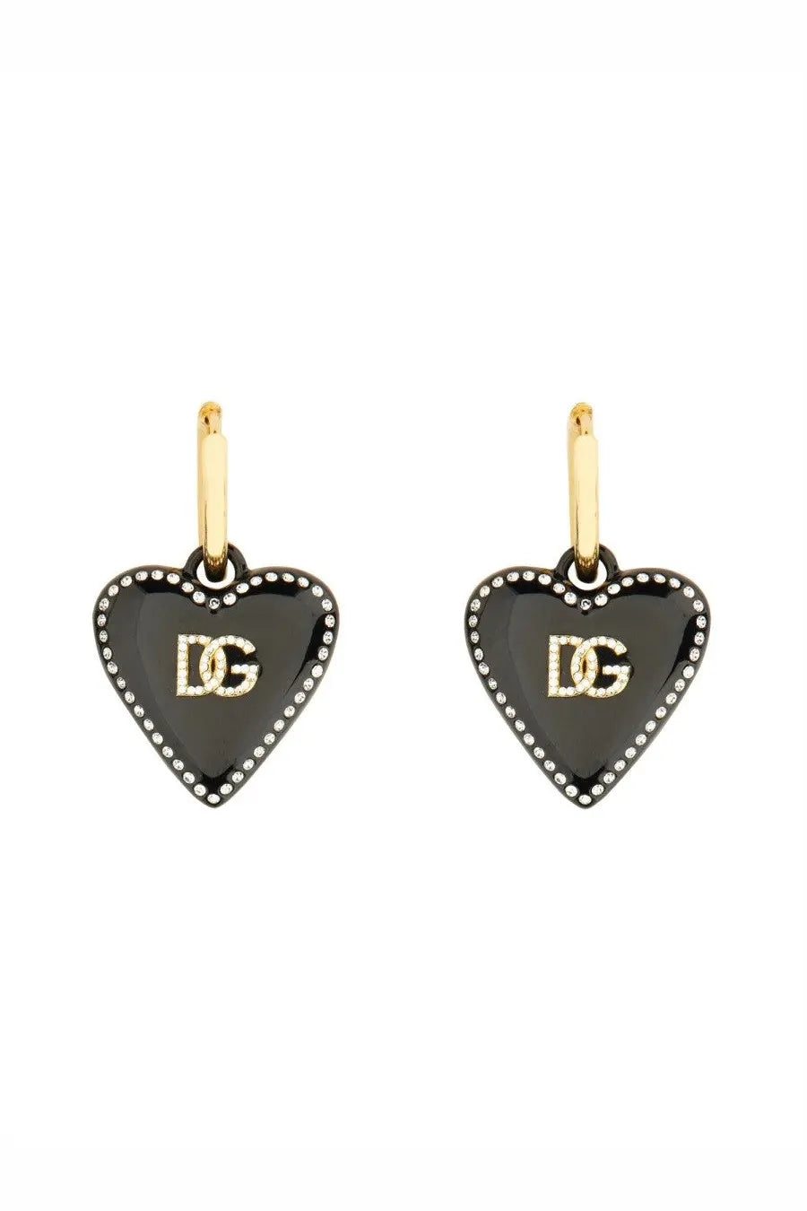 Dolce &amp; Gabbana women’s black heart-shaped earrings with gold-tone dg logo, polished enamel, and rhinestone border