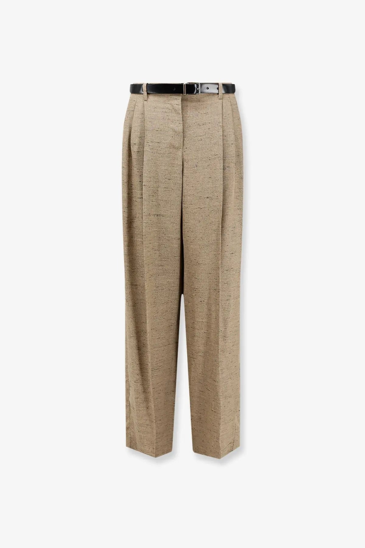 Beige textured pleated dolce and gabbana women’s élange trousers with black belt in white fabric