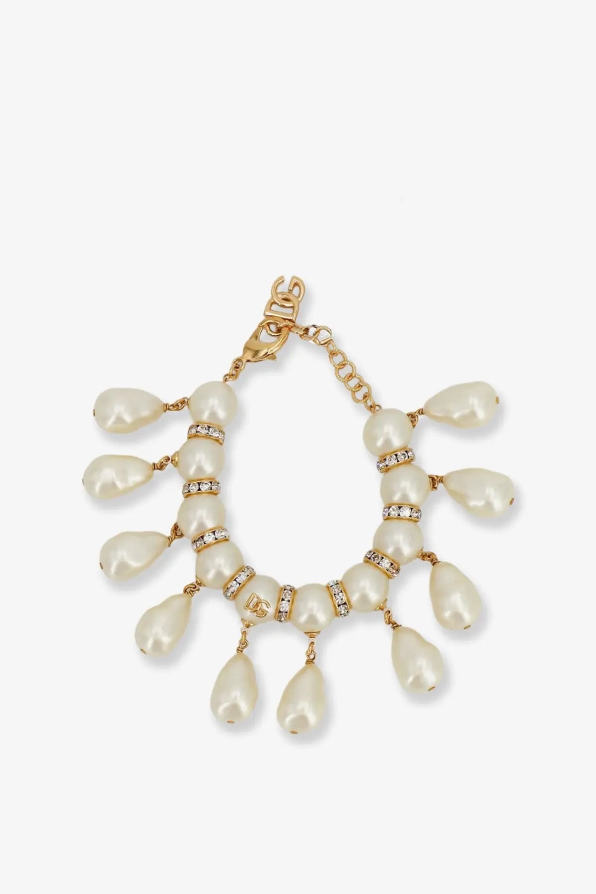Dolce &amp; Gabbana women’s everyday bracelet with gold tone, cascading cream pearls, clear crystals, and dg logo clasp