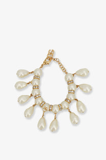 Dolce &amp; Gabbana women’s everyday bracelet with gold tone, cascading cream pearls, clear crystals, and dg logo clasp
