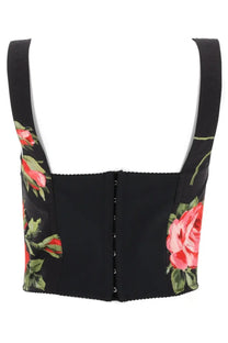 Dolce &amp; Gabbana women’s black corset bustier top with vibrant red rose floral print and structured fitted design