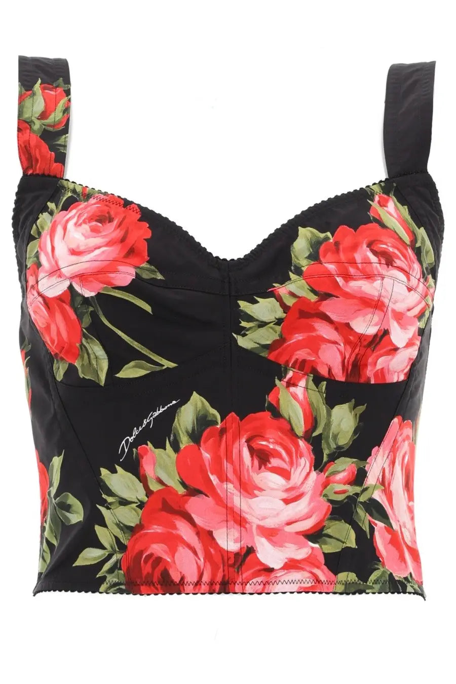 Dolce &amp; Gabbana women’s black crop top with vibrant red rose and green leaf floral bustier print