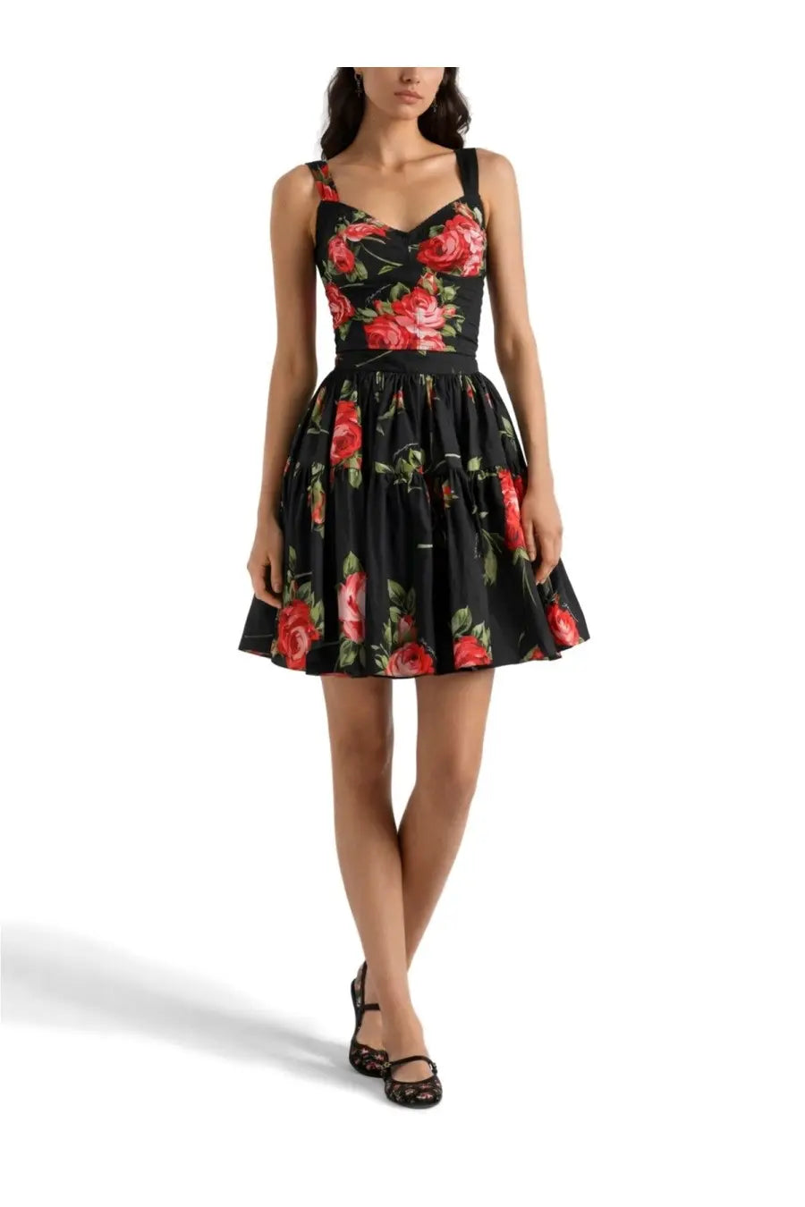 Dolce &amp; Gabbana women’s black floral print mini dress with red roses green leaves fitted bodice thin straps flared skirt