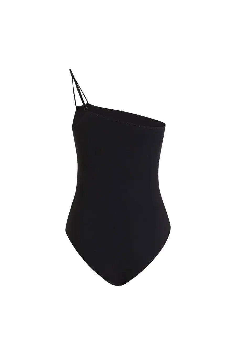 Dolce &amp; Gabbana women’s black one-shoulder swimsuit with thin adjustable straps and sleek form-fitting design