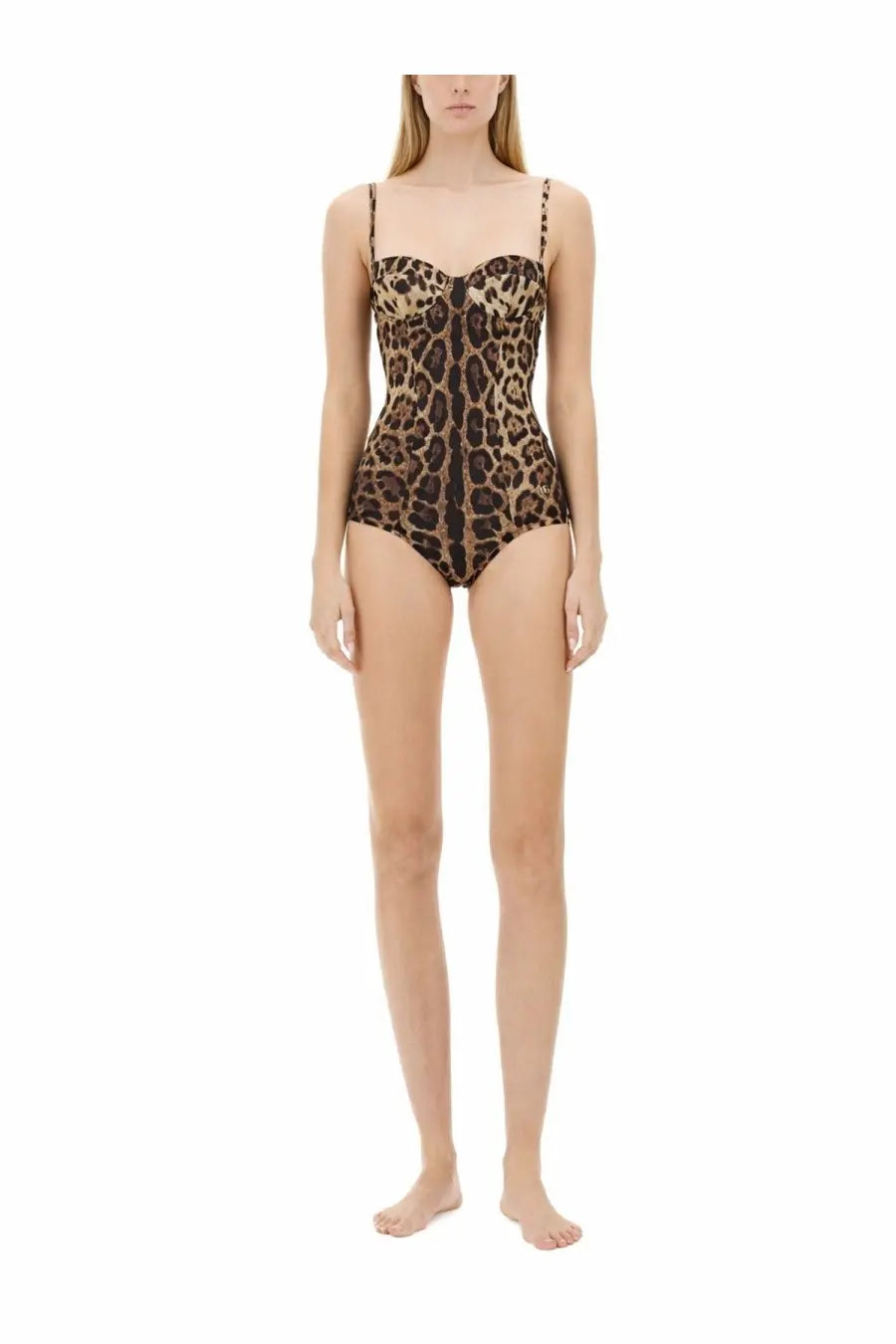 Dolce &amp; Gabbana women’s fitted leopard print one-piece swimsuit with thin straps and corset-style bodice