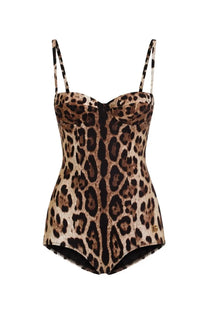 Dolce &amp; Gabbana women’s leopard print one-piece swimsuit with thin straps black trim and gold logo on the side