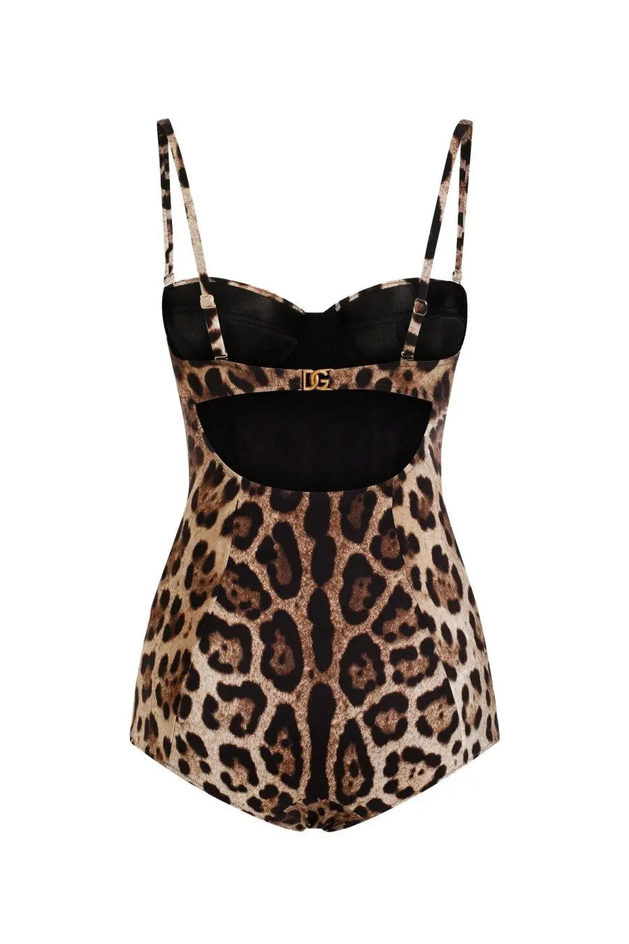 Dolce &amp; Gabbana women’s one-piece swimsuit in bold leopard print with black mesh panels and gold-tone DG branding at bust