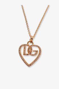 Dolce &amp; Gabbana women’s gold brass heart-shaped pendant necklace with dg initials encrusted in clear crystals on chain