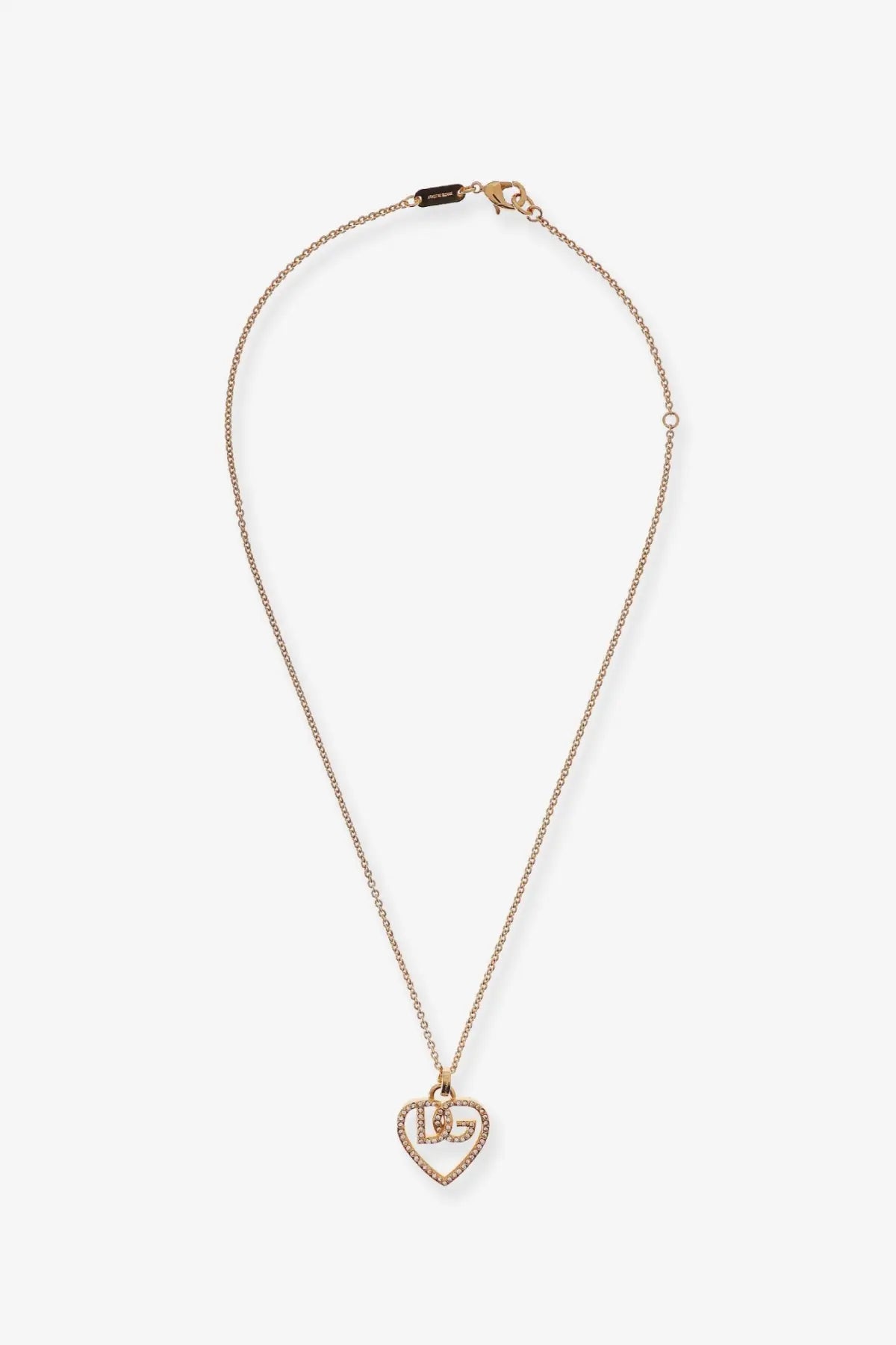 Dolce &amp; Gabbana women’s gold brass necklace featuring a gold-tone heart pendant with rhinestone detailing and delicate chain