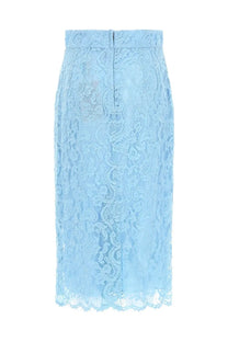Dolce &amp; Gabbana women’s light blue lace midi skirt with scalloped hem and intricate floral patterns in pizzo blue
